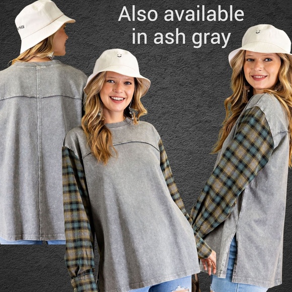 EASEL "In Your Dreams" Loose Fit Mineral Wash & Long Flannel Sleeves Tunic Top - Picture 12 of 12